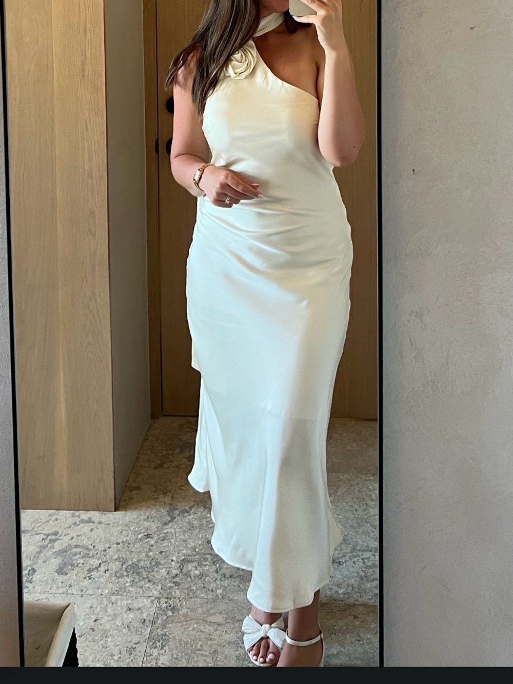 One-Shoulder Cream Midi Dress with Rosette Detail